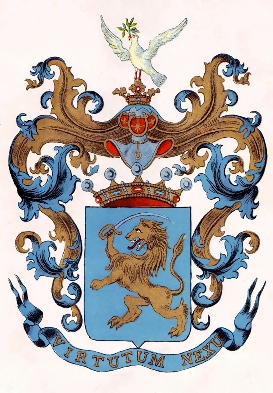 Coloured plate of the baronial arms of the Nikolić de Rudna family: a blue shield with a golden lion rampant holding a sabre, a baron’s coronet, a helm with a small coronet bearing a white dove with an olive branch, blue and gold mantling, and a ribbon reading VIRTUTUM NEXU.