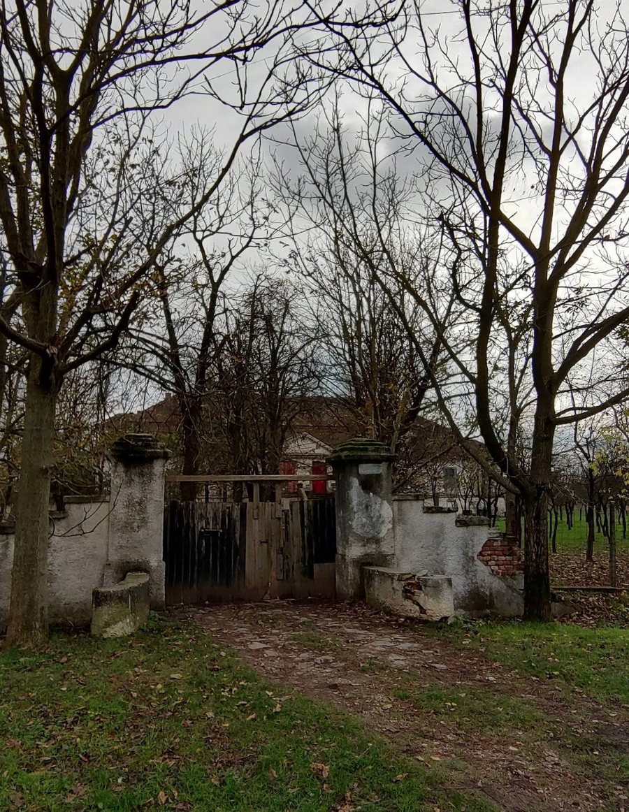 Un portail de bois usé entre deux piliers crépis, derrière lequel la maison apparaît entre des arbres dénudés.