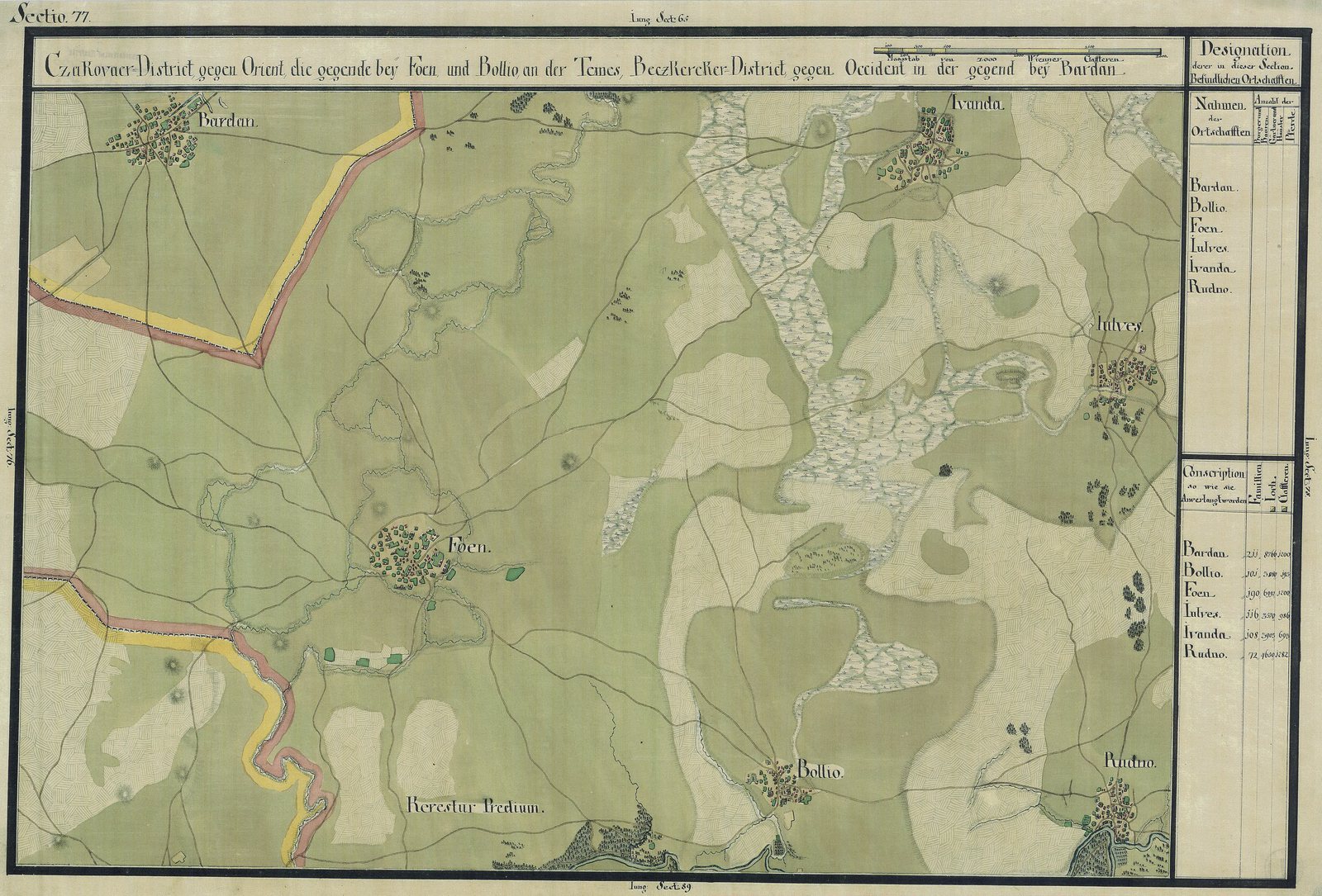 Carte d’arpentage coloriée à la main : paysage vert, marais, routes et villages ; Rudno se trouve en bas à droite, près d’une rivière.