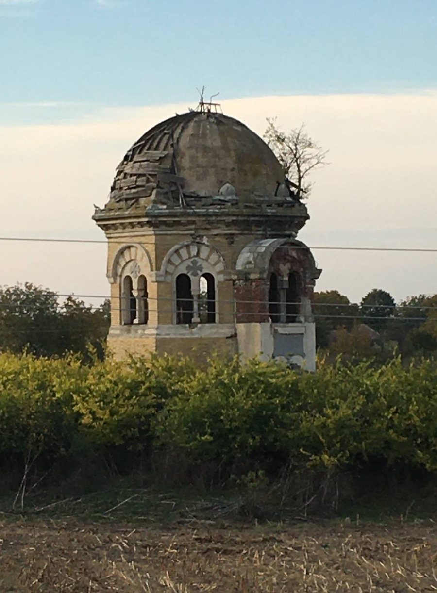 La tour funéraire à dôme vue par-dessus une haie et un champ : brique jaune, arcs de pierre claire, dôme dont les planches sont arrachées et d’où pousse un petit arbre.